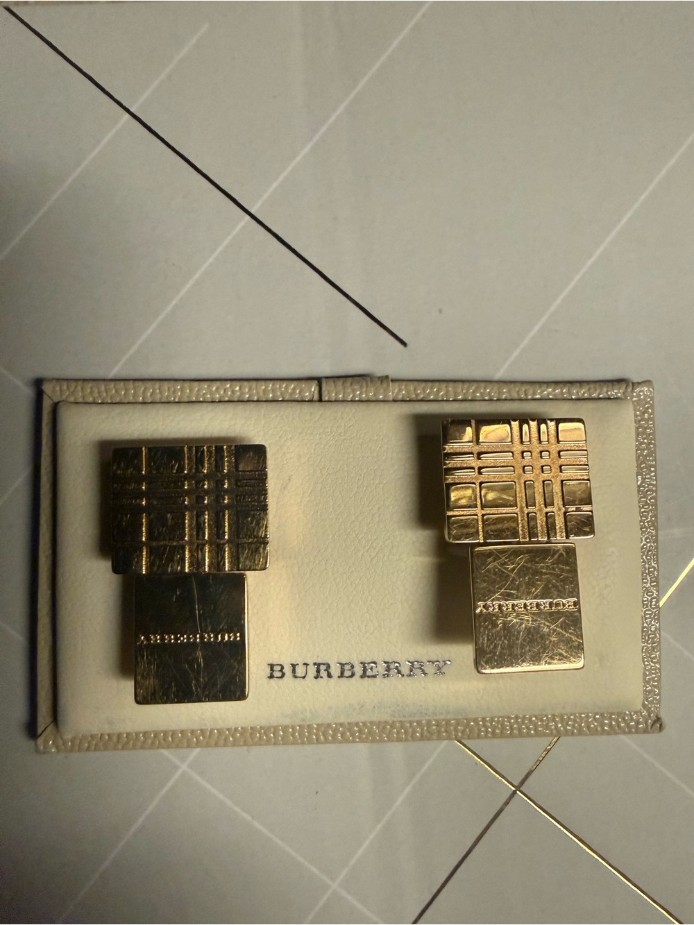 Burberry Gold Plaid Square Cuff Links